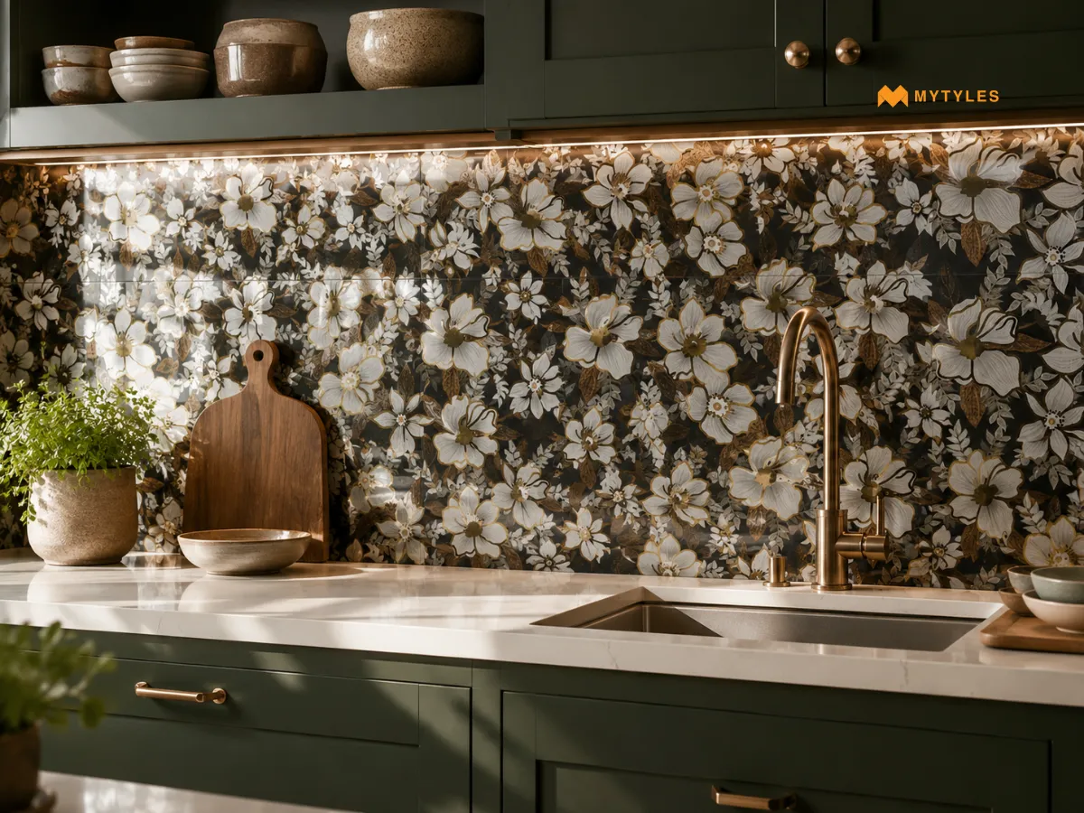 Ceramic Black Tropical Wall Tile in Kitchen